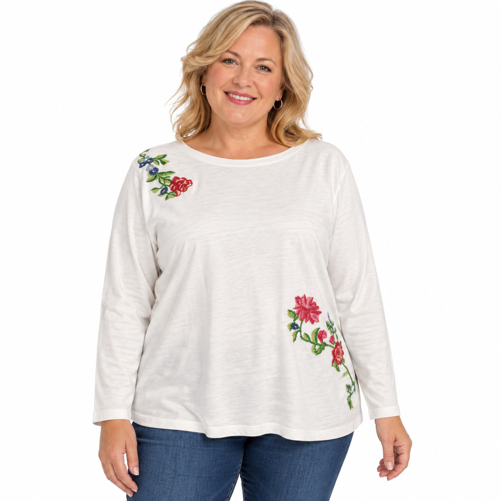 Talbots White Embroidered Floral Long Sleeve T Shirt Top 100% Cotton sz XL